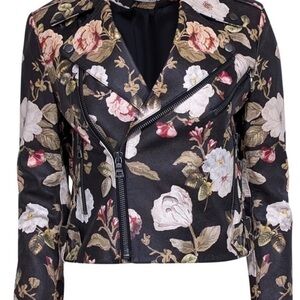 Alice + Olivia - Washed Black Floral Print Cropped Moto Jacket Sz M